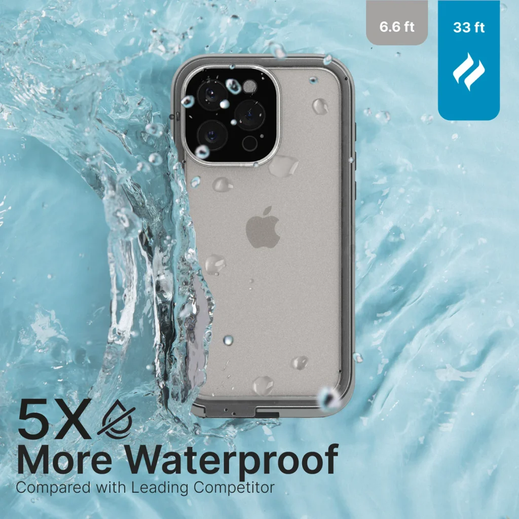 catalyst-iphone-15-pro-15-pro-max-waterproof-case-total-protection-15-pro-showing-the-back-view-of-the-case-on-the-water-in-titanium-gray